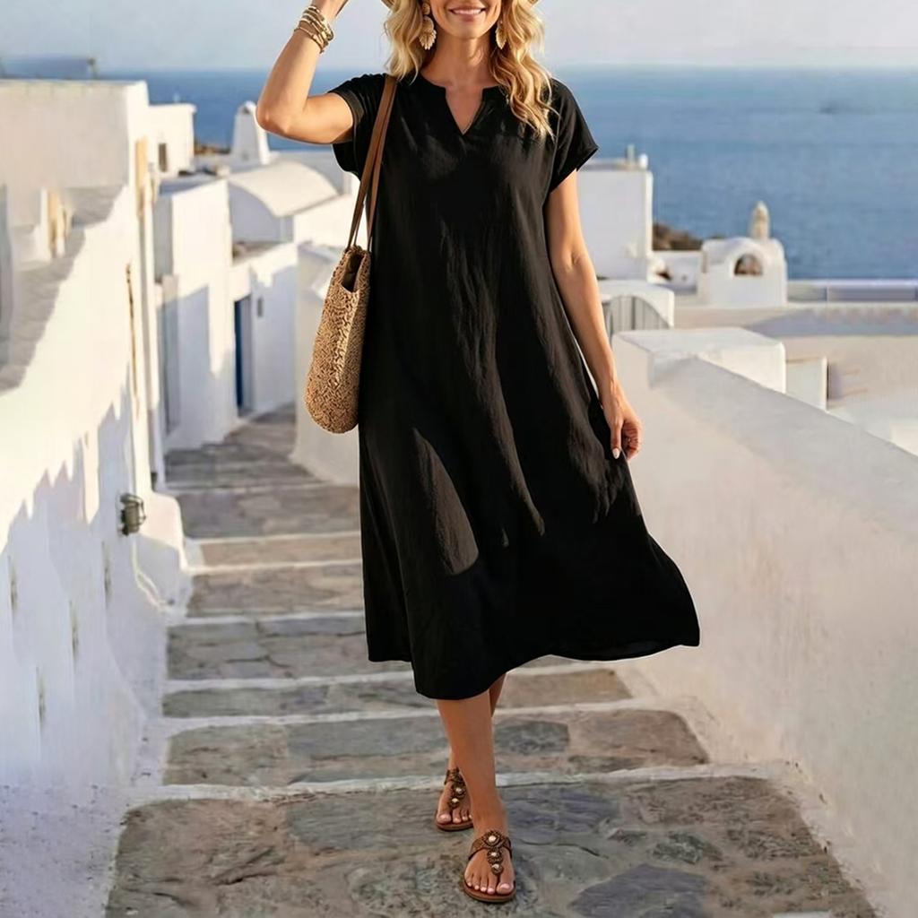 Women V Neck Short Sleeve Loose Fit Casual Dress Lightweight Solid Relaxed Midi Dress for Daily Wear Travel Office
