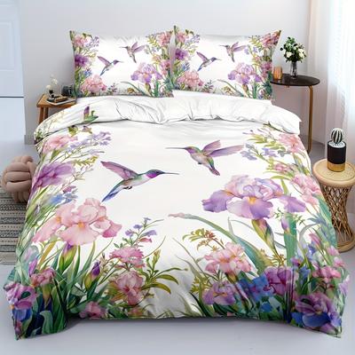 2/3pcs Hummingbird Bedding Set Animal Duvet Set Kingfisher Quilt Cover Bedroom Decor Guest Room 2D Pink Floral Flat Print