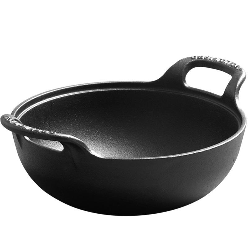 Cast Iron Double Ear Stew & Fry Pan, Non-stick Flat Bottom, Universal for Gas & Induction Cooktops, Large Size.