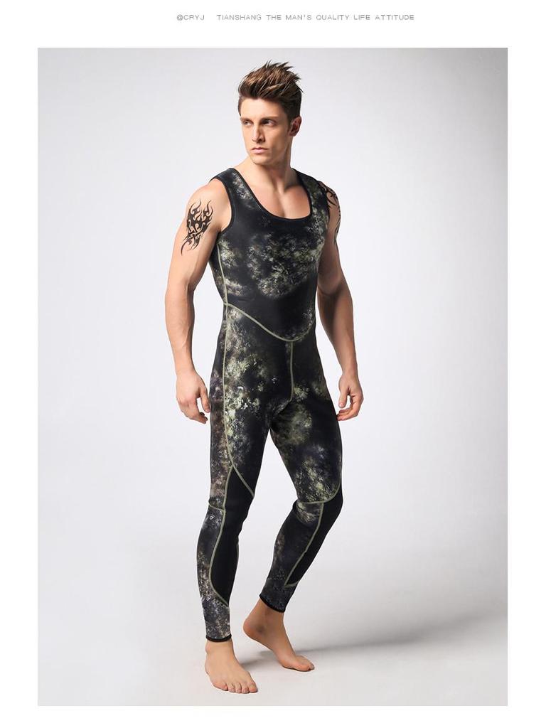 Kamuflážový 3mm potápěčský a spearfishingový neopren s kapucí - Chladuvzdorný a teplý jednodílný oblek pro freediving a lov