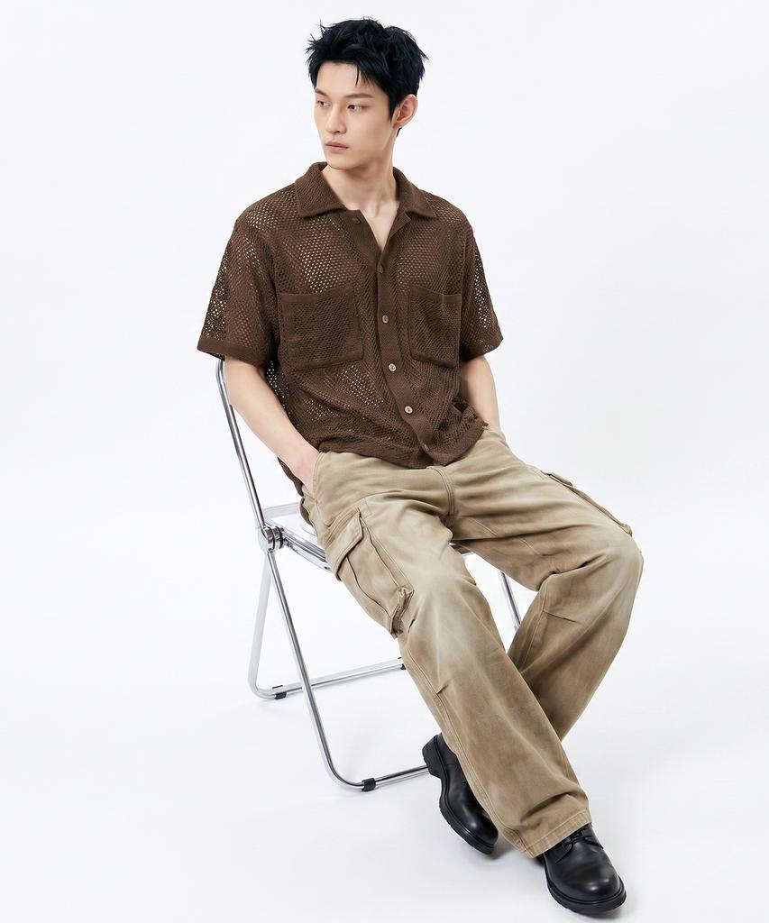 UNDEROFF Two-Pocket Crop Mesh Short Sleeve Shirt Brown
