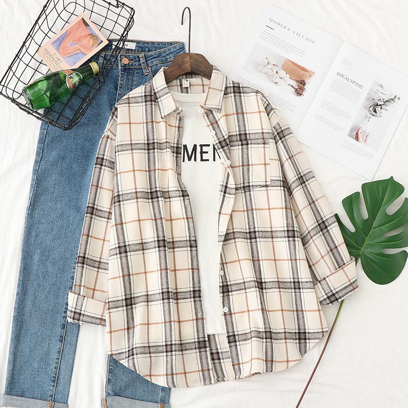 Women's Fashion Casual Spring Autumn Plaid Print Long Sleeve POLO Neck Blouses & Shirts