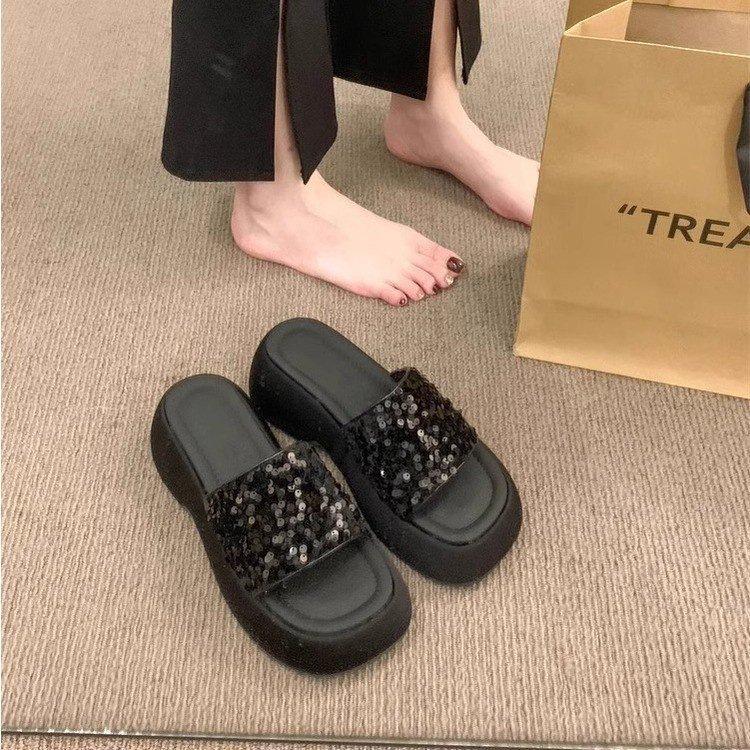 New high-end platform sandals half-mop summer outer wear sequined muffin bottom one-word shoes