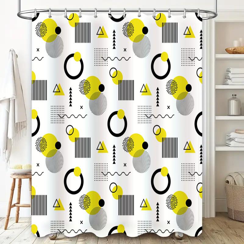 Yellow Black Geometric Shower Curtain Set Modern Bathroom Decor For Kids Room Or Bathing Area Waterproof Fabric With Rings (240X