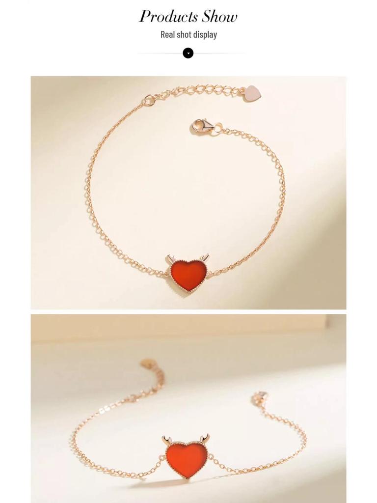 Women's Heart Antler Red Agate Bracelet - 925 Silver, Fresh Christmas Birthday Gift
