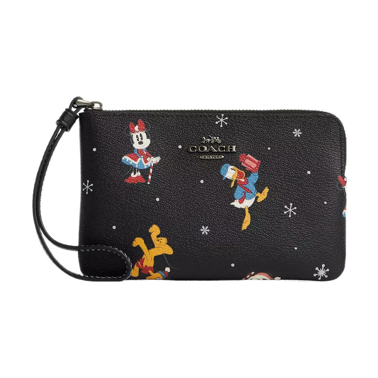 Coach X Disney Corner Zip 16 Collaboration Letter Logo Print Zippered Canvas And Leather Clutch Wallet Women wallet Black CN031-QBM2 Black