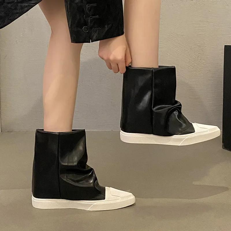 Flache Damen Stiefeletten Spitz Zehenleder Mode Winterschuhe 2025 Trend Designer Gladiator Kniehoch