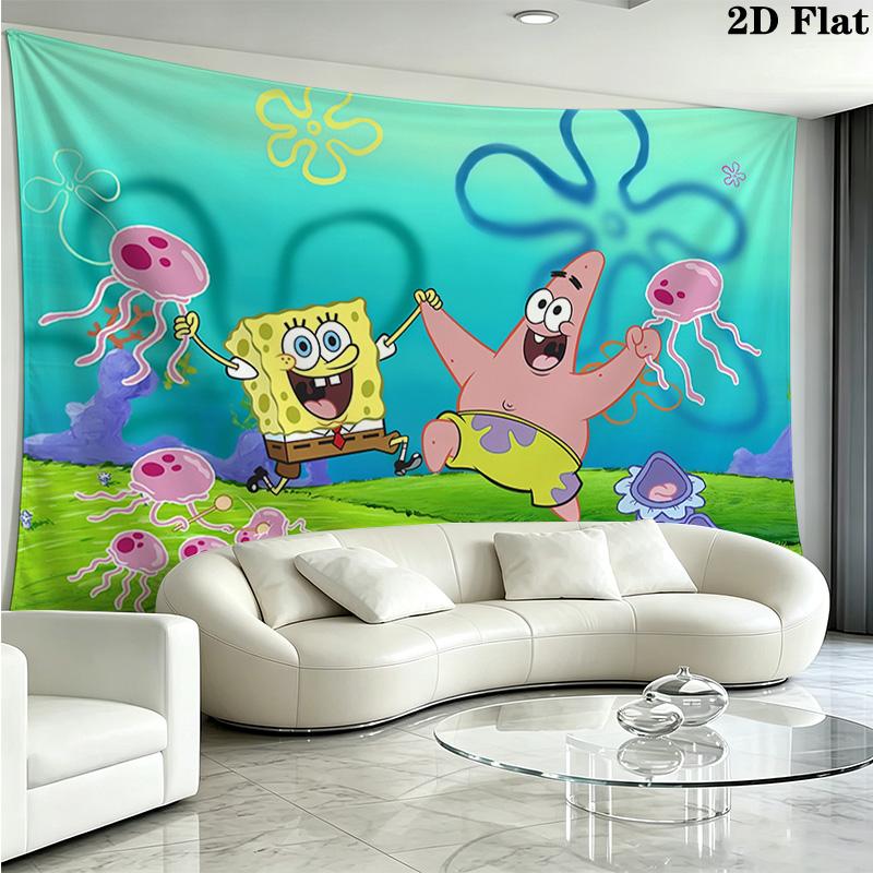 Cartoon Spongebob Wall Tapestry Aesthetic Wall Hanging Printed Fabric Blanket Decorative Tapestries for Bedroom Living Room Home Decor