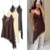 Vestido Mini de Fiesta Sexy para Mujer con Retazos de Satén y Encaje, Espalda Descubierta, Asimétrico, Tirantes Finos
