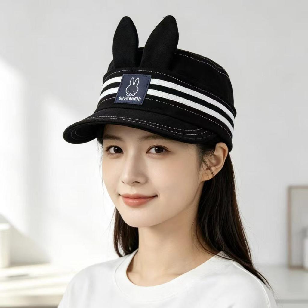 Couple sunscreen versatile face cute rabbit ears striped baseball cap men's and women's sunshade duck tongue navy hat