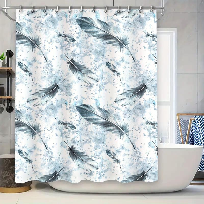 

Blue Feather Print Shower Curtain Waterproof Bathroom Decor with Rod Pocket White Blue 90x180cm