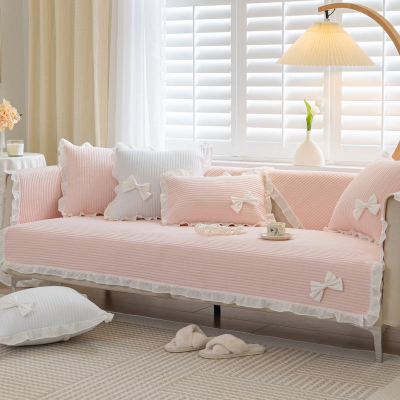 Universal Cotton Solid Color Sofa Cushion for All Seasons Korean Style Pastoral Fresh Ruffle Edge Non-slip Sofa Cushion Towel Full Cover
