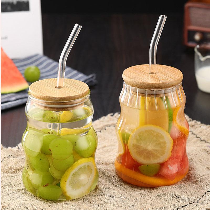 Ins Glass Cup Heat-resistant Drinkware Transparent Tea Juice Milk Coffee Mug Home Water Glasses Stripe Mug With Lid and Straw
