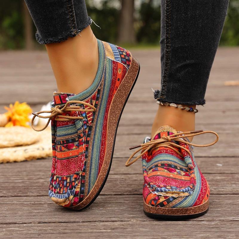 Printed Ethnic Style Lace-up Casual Shoes 2025 Autumn New Plus-size Flat Low-top Shoes for Women