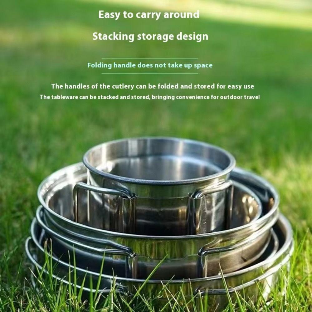 5Pcs 304 Stainless Steel Camping Cookware Set Stackable Foldable Handle Portable Cooking Pot Multi-functional Space Saving