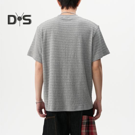 Men T-shirt Round Neck Short Sleeve 3D Striped Jacquard Design Tee Shirt Solid Color Loose Fit Summer Casual Tops