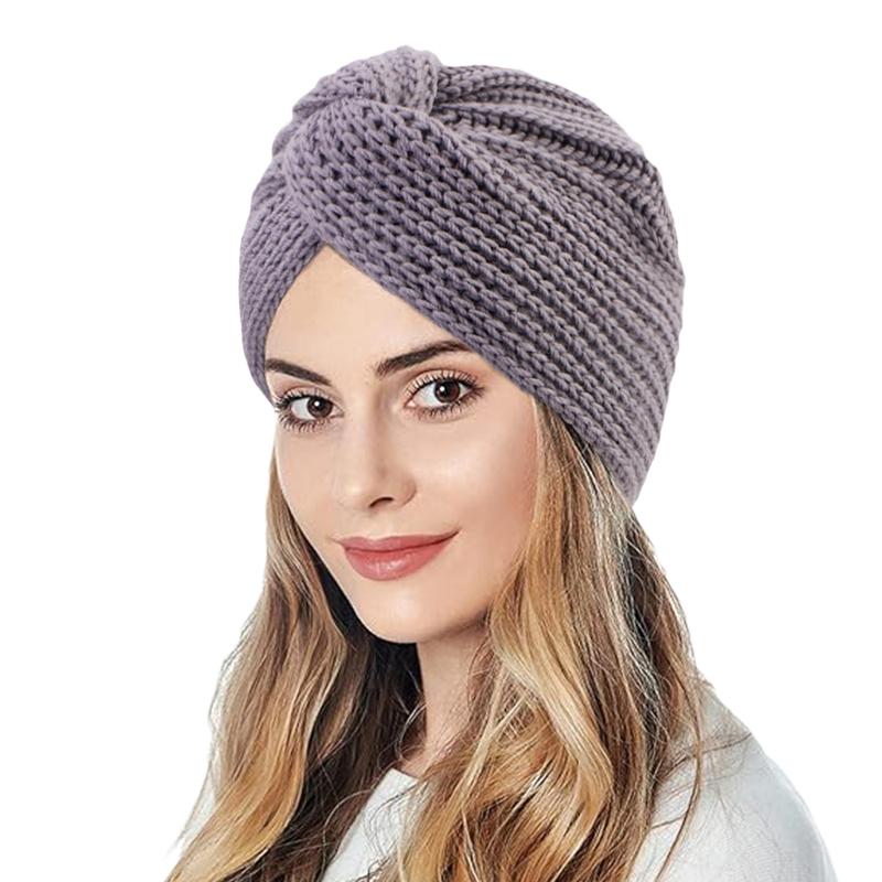 Women's Solid Color Winter Knitted Turban Hat Imitation Cashmere Cross Twisted Hat for Women Bohemian Style Hijab Caps