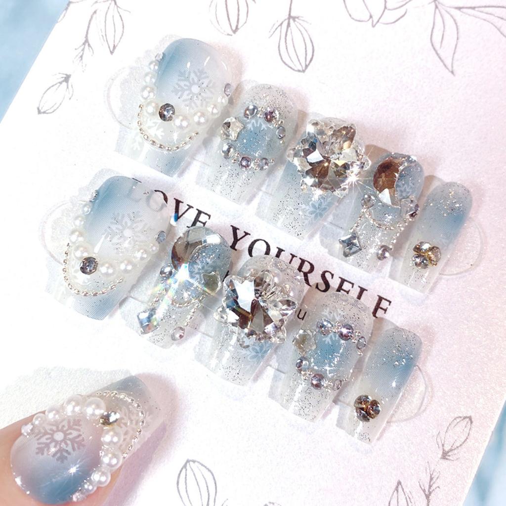 Christmas Blue Smudging Fake Nails Easy to Apply Simple to Peel off Nails for Stage Performance Wear