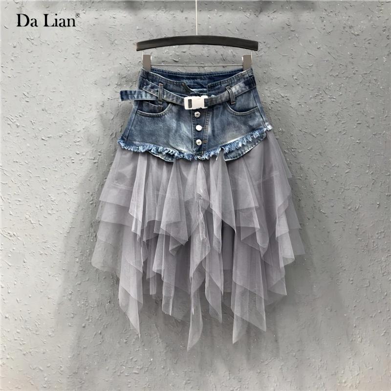 

Irregular Mesh Patchwork Denim Skirt for Women 2025 Summer New European Style Slim Fit A-line Skirt 3XL чорний