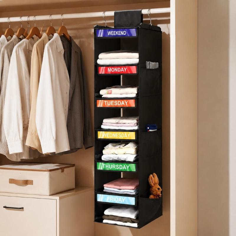 Hanging Closet Shelves for Kids Clothes, 6 Section Weekly Storage with Side Pockets and Fabric Shelf Design for Home Use