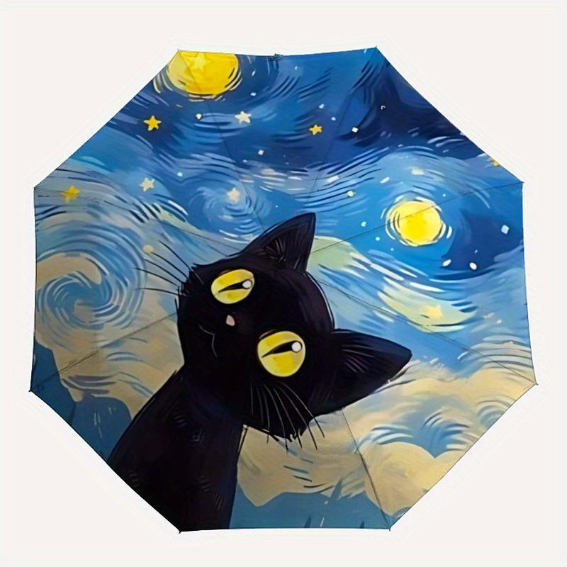 1pc Van Gogh Starry Night Cat Automatic Open 8-Rib Windproof Umbrella, Travel & Commuting, Suitable for All Seasons, Lightweight Portable,058