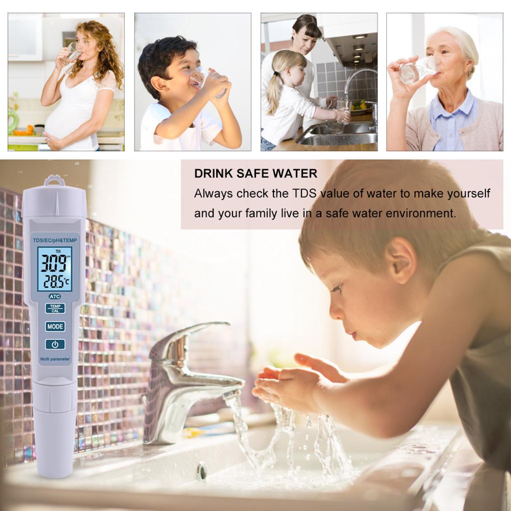 Digital PH Meter Tester 4 in 1 TDS EC Temp High Accuracy Pen Type Tester Water Quality Tester Fit for Pools Lab Drinking
