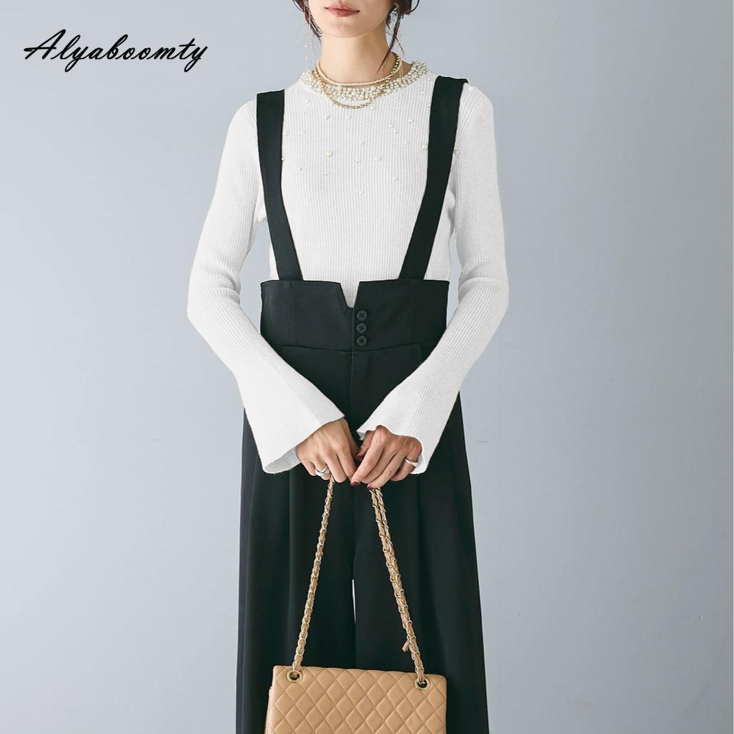 

Элегантная мода осень зима женский базовый однотонный вязаный свитер с круглым вырезом белый черный пуловер с бисером расклешенный рукав женственный топ One Size белый