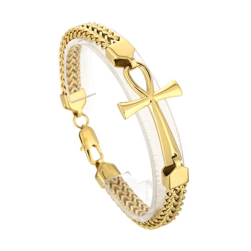 Rock Hip Hop Double Row Braided Chain Jewelry, Vintage Personality Splicing Titanium Steel Ancient Egyptian Cross Men'S Bracelet