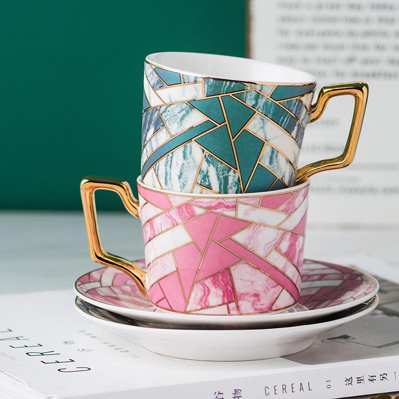 Nordic Courtly Luxury Hand-Painted Gold Ceramic Coffee Cup with Plate Office Marble Mug Afternoon Tea Cups Household Drinkware