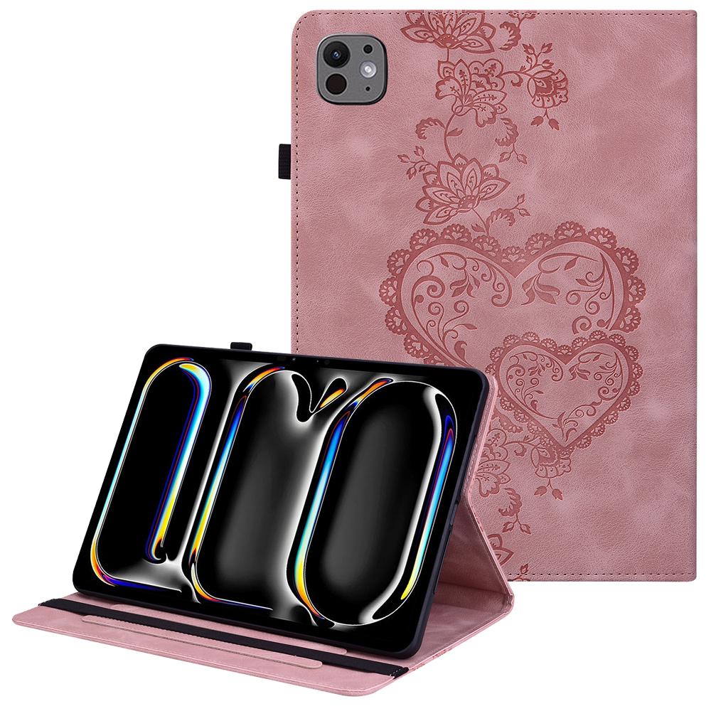 For iPad Pro 11 (2025)/11 (2024) Leather Case Heart Imprint Foldable Stand Card Slot Stylus Holder Tablet Cover