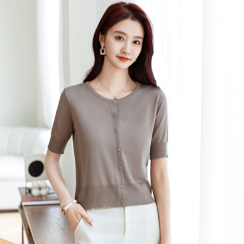 Spring Women's Elegant Solid Button Up Short Sleeve Knitted Blouse