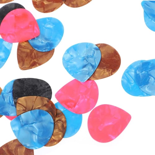 Set of 15 Teardrop-shaped Guitar Picks, 5 of Each Thickness: 0.5mm, 0.75mm, and 1.0mm, In Random Colors.