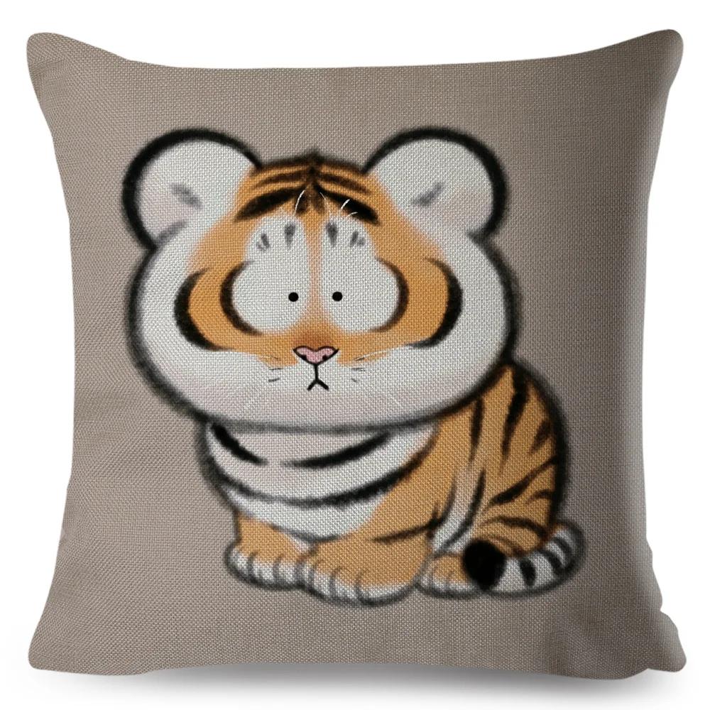 Funny Fat Tiger Cushion Cover Decor Cute Cartoon Animal Pillow Case for Sofa Home Car Linen Chinese Ink Throw Pillowcase