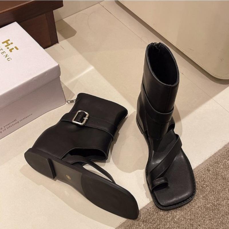 Fashion Cool Boots for Women Summer Suede Casual Ankle Boots Fashion Herringbone Toe Clip Toe Boot Retro Belt Buckle Open-toe Cool Boots