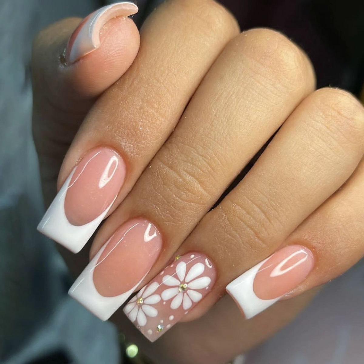 

Medium Rectangle French Tip Press-On Nails with Flower Zircon Details