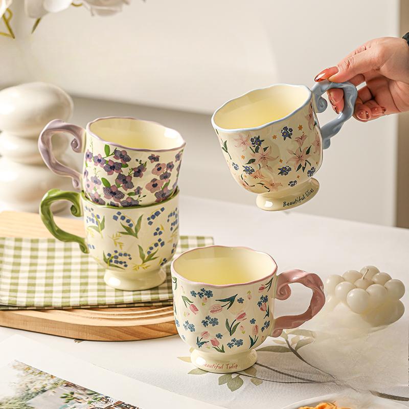 High looking Flowery and High Footed Ceramic Cup for Household Drinking Cup Pastoral Retro Couple Water Cup Office Coffee Cup