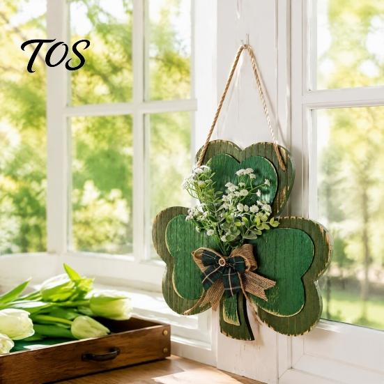 St Patricks Day Gift for Home St. Patrick's Wooden Clover Door Sign with Hemp Rope, Rustic Double Layer Shamrock Hanging Front Welcome Decor