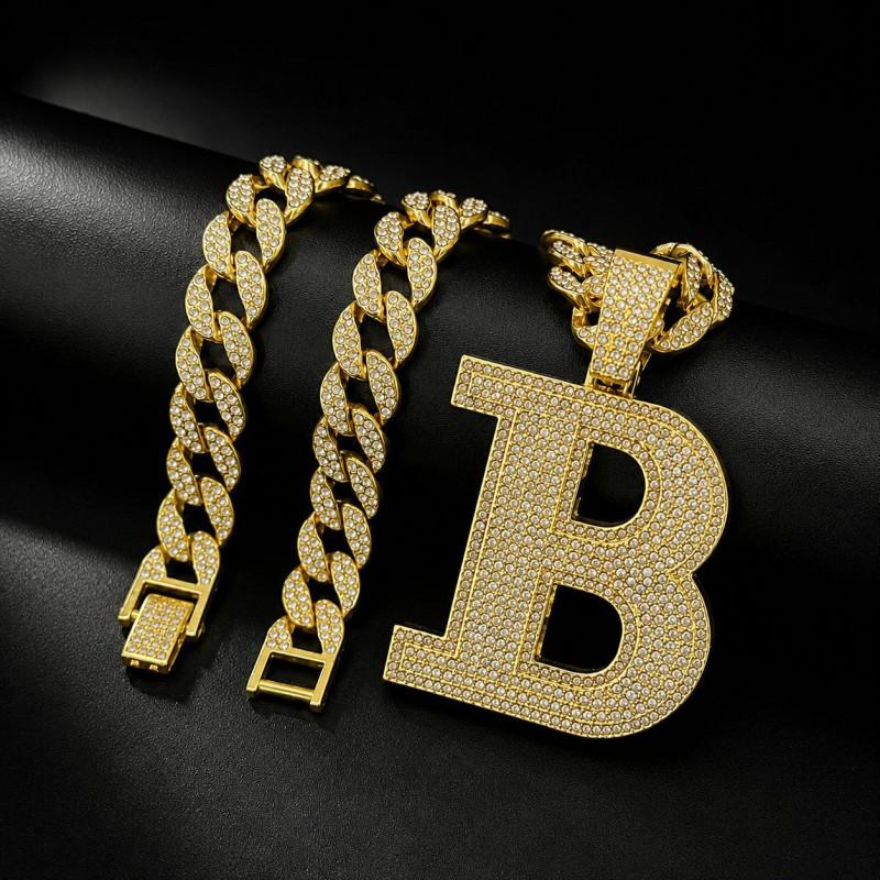 Hip Hop Alloy Letter Pendant Necklace With Full Rhinestone Inlay Cuban Chain Men Streetwear Fashion Accessory