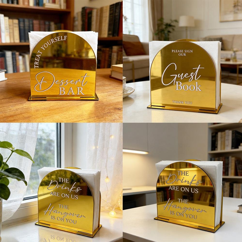 Half Circle Golden Mirror Acrylic Welcome Signs for Wedding Party Durable Waterproof Tabletop Napkin Storage Rack