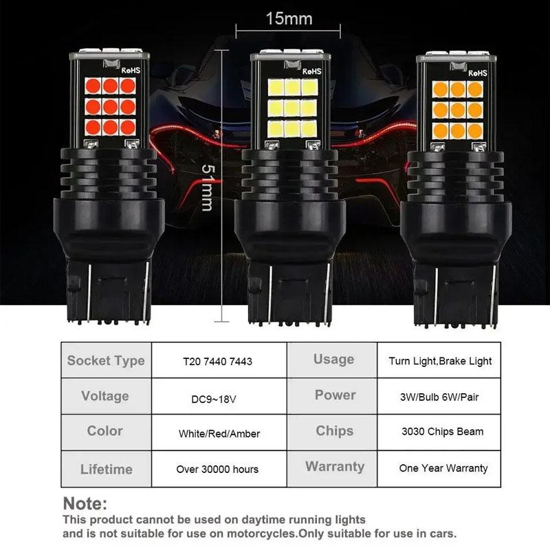 2PCS Signal Lamp Amber T20 7440 LED Brake Light Reverse Light Bulb Fit for Universal Car W21W WY21W Turn Light 12V Super Bright