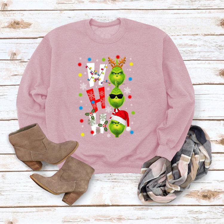 HO HO HO Cartoon Christmas Women's Casual Loose Long Sleeve Round Neck Hoodie