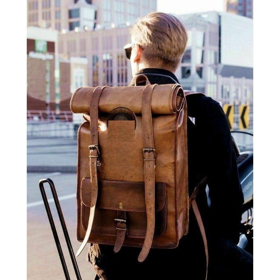 Leather Bag Goat Backpack Laptop Vintage Rucksack Genuine Brown Travel Men.