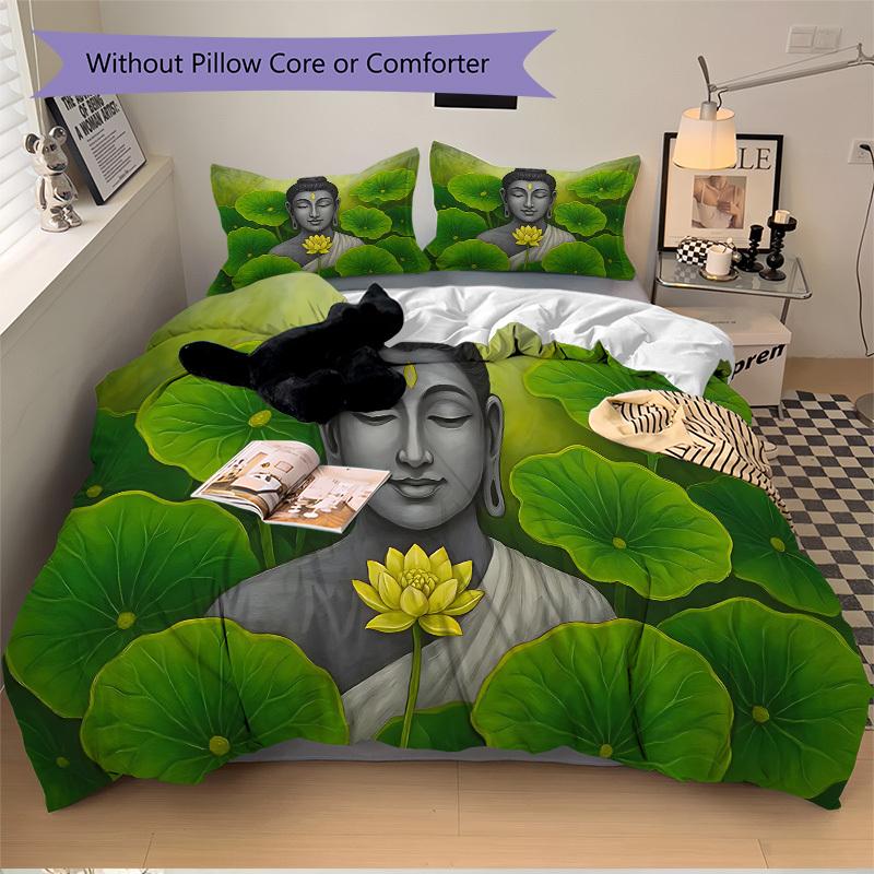 3pcs bedding set Buddha Lotus Includes 1 Comforter + 2 Pillowcases, Without Pillow Inserts, Soft Comfortable, Lightweight Breathable, Printe