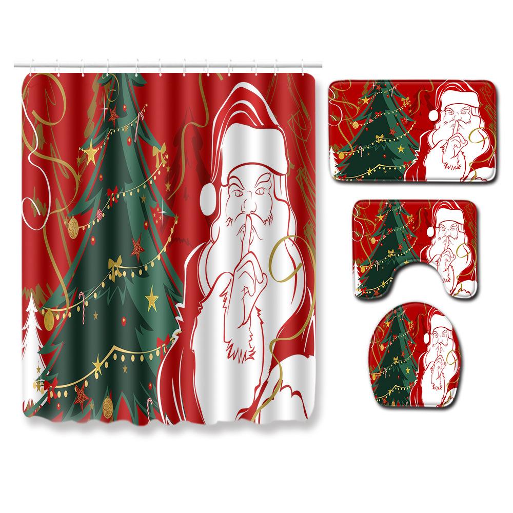 Christmas Toilet Seat Shower Curtain Four-Piece Printed Floor Mat Set Bathroom Floor Mat Bedroom Absorbent Door Mat Carpet