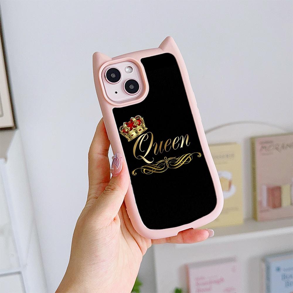 Huse de telefon moale pentru ureche de pisică pentru iPhone 16 15 13 12 11 Pro Max 14 Plus XR TPU Copertă din spate acrilic transparent anti-cădere N84 King Queen Cuplu