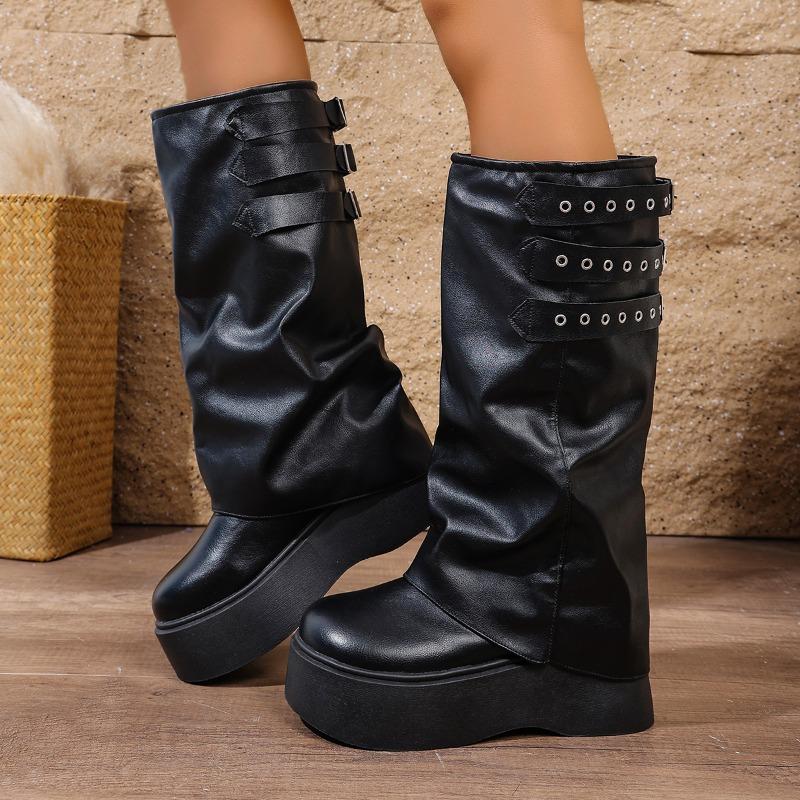 Mode 6,5 cm Absatz Kniehohe Stiefel für Damen Plateau Stiefel Frühling Herbst Winter Keil Bequem Bequem Motorradstiefel