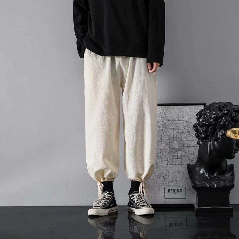 Cotton and Linen Men'sStyle Loose Straight Typants Nine-point Trendy Versatile Summer Thin Style Wide-leg Dad Pants