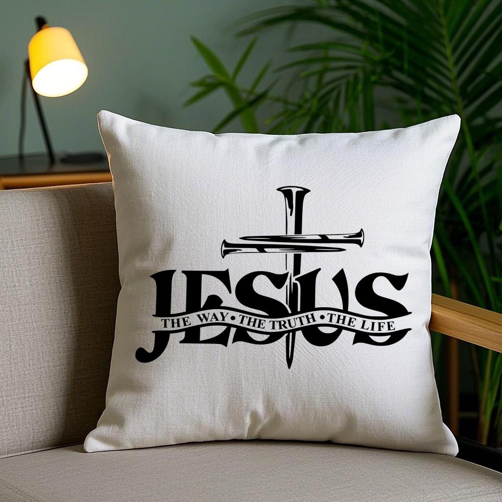 Christian Jesus The Way Truth Life Cushion Cover Plush Fabric Double-Sided Printed Invisible Zipper Sofa Pillow Case Home Decor