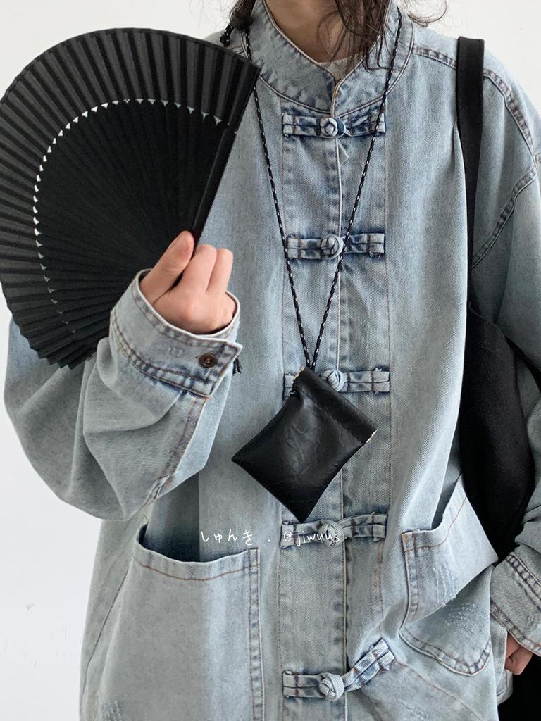 Unisex Retro Frog Button Denim Shirt: Versatile Blue Stand Collar Jacket for Men & Women