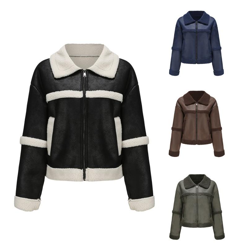 Womens Faux Leather Suede Jacket Winter Warm Lined Casual Windproof Coat Loose Fit